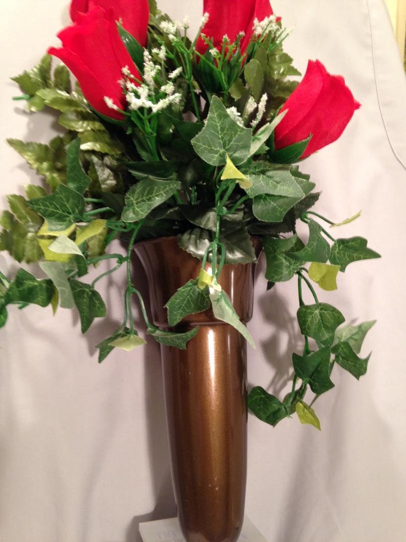 Crypt Mausoleum Vase & Red Rose Silk Flowers W/ Ring Bolt Etsy UK