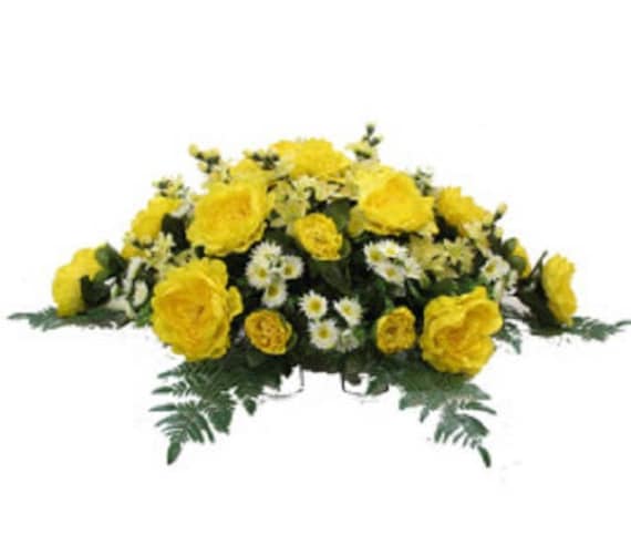 Silk FLOWER SADDLE for Headstone Mounting in YELLOW for Grave-site Presentation in Remembrance of Loved Ones -