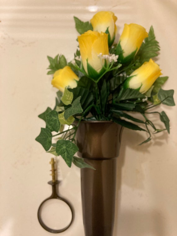 Crypt Mausoleum Vase & Yellow Rose Silk Flowers w/ Ring Bolt Support