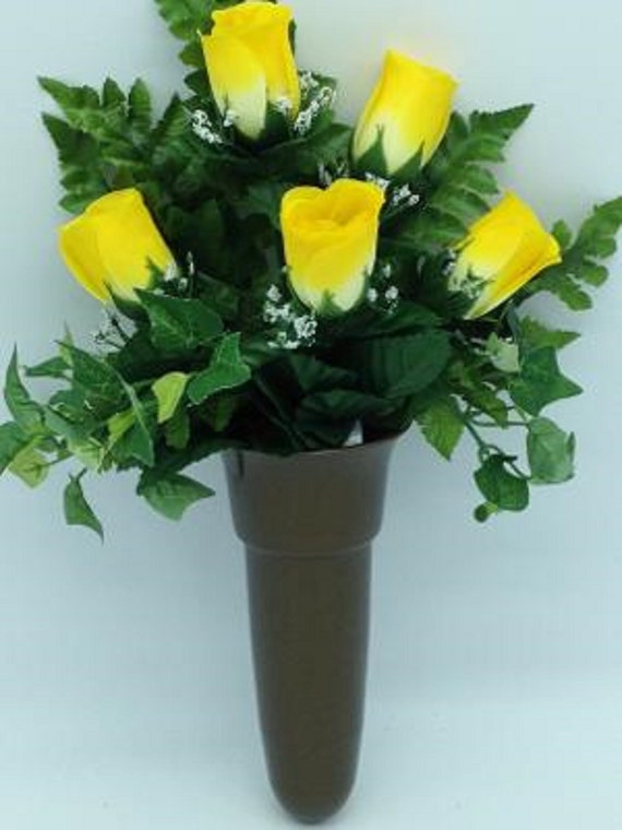 Crypt Mausoleum Vase & Yellow Silk Flowers w/ Disc Base Ring for Epoxy