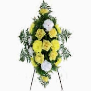 Artificial FLOWER SPRAY in Deluxe Yellow Easel Mount for Grave-site Presentation in Remembrance of Loved Ones -