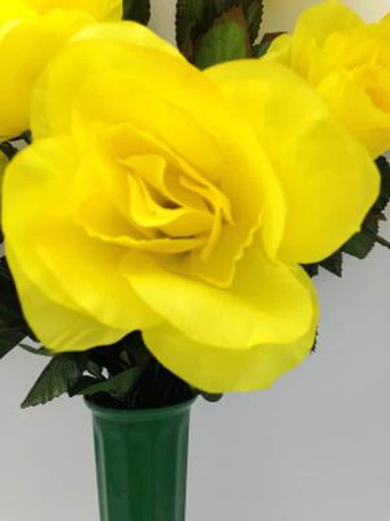 Cemetery Silk Flower Vase YELLOW Open Rose Bouquet Etsy