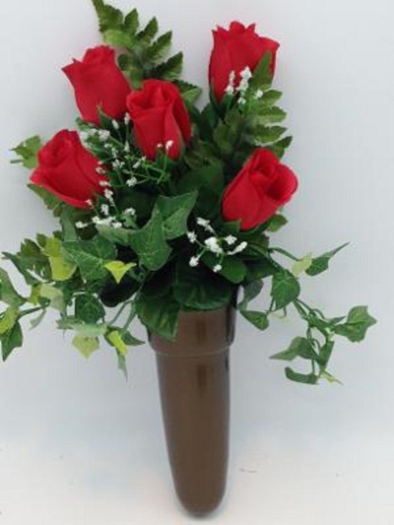 Crypt Mausoleum Vase & Red Rose Silk Flowers w/ Button Bolt Support for Inverted "V"