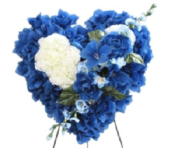 FLORAL HEART in Deluxe Blue for grave-site presentation in remembrance of loved ones. Easel Mounted