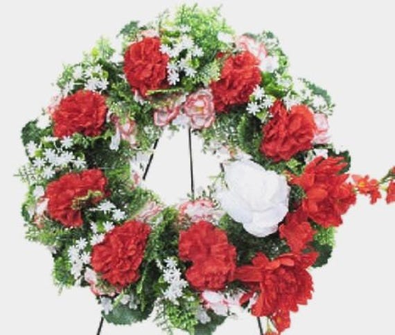 Artificial Silk WREATH in Deluxe Large RED Easel Mount for grave-site presentation in remembrance of loved ones -