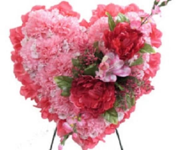 Artificial FLOWER HEART in Deluxe Pink Easel Mount for grave-site presentation in remembrance of loved ones -