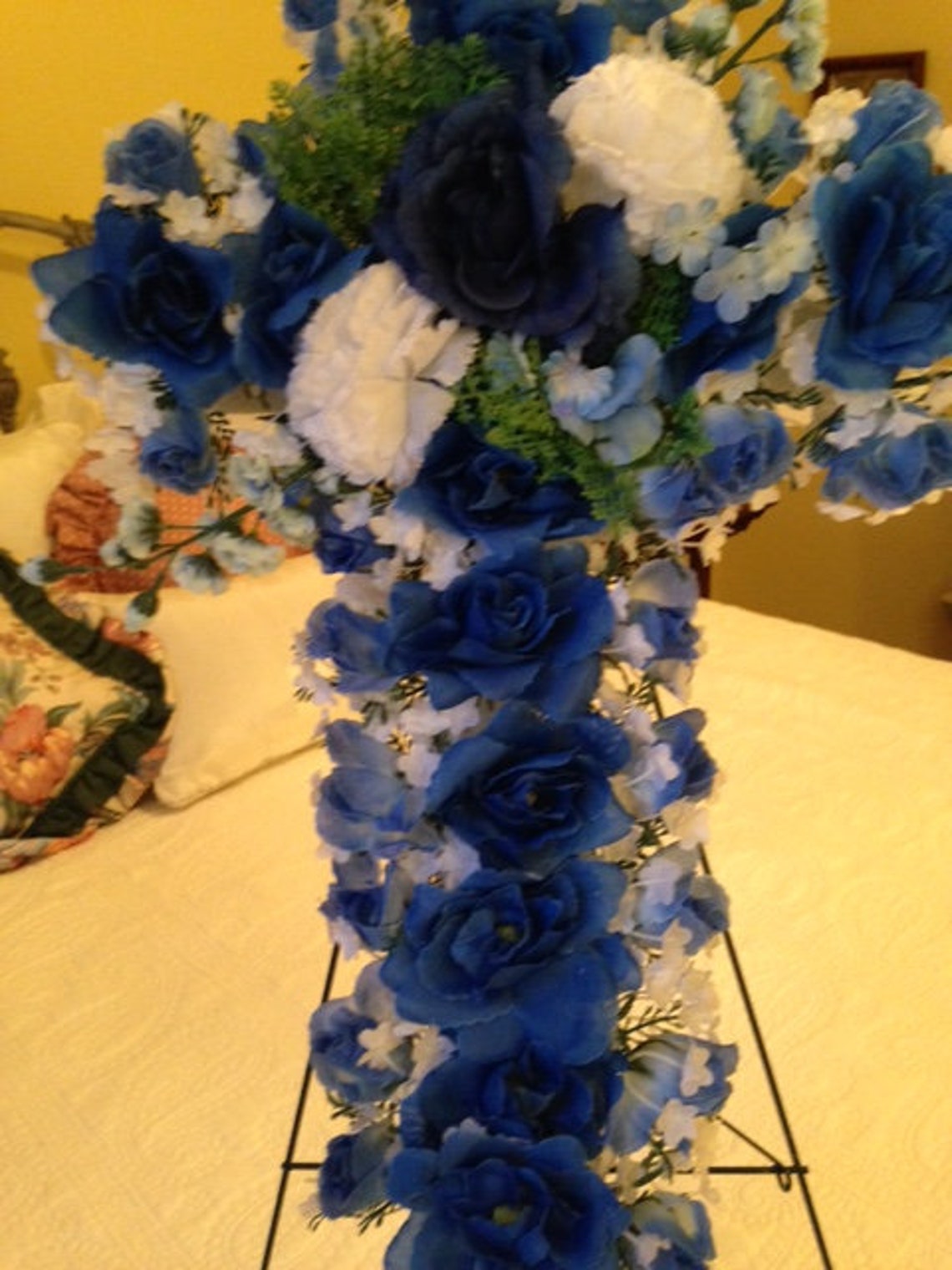 Silk Flower CROSS in BLUE Easel Mount for Gravesite Etsy