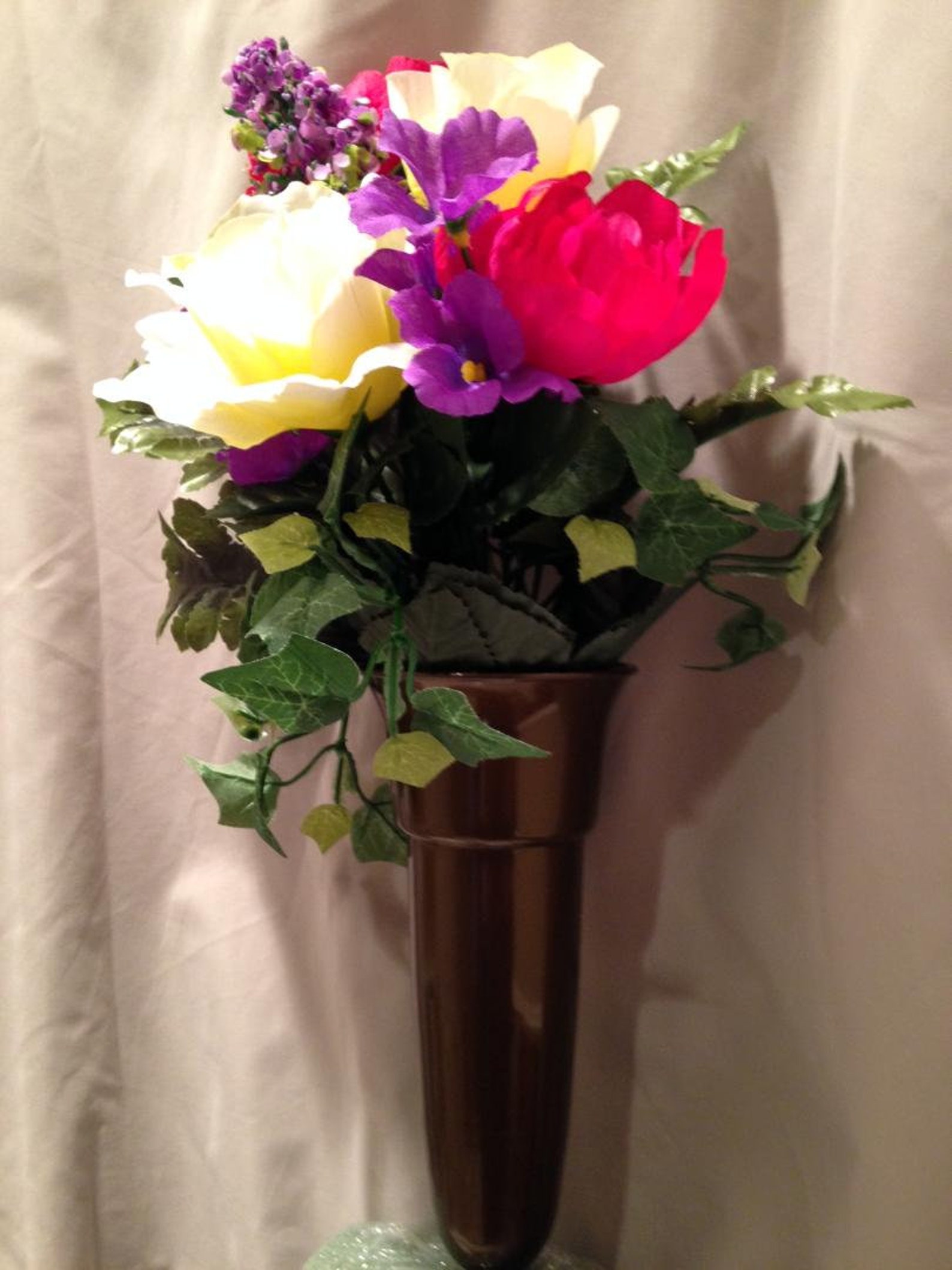 Crypt Mausoleum Vase & Silk Flowers With Ring Bolt Support Etsy