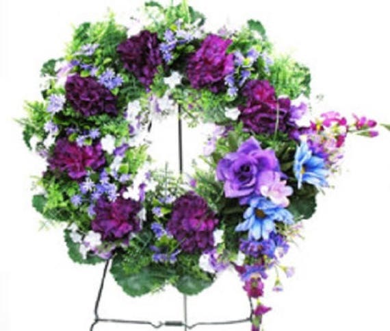 Artificial WREATH Large PURPLE Deluxe Easel Mount for grave-site presentation in remembrance of loved ones -