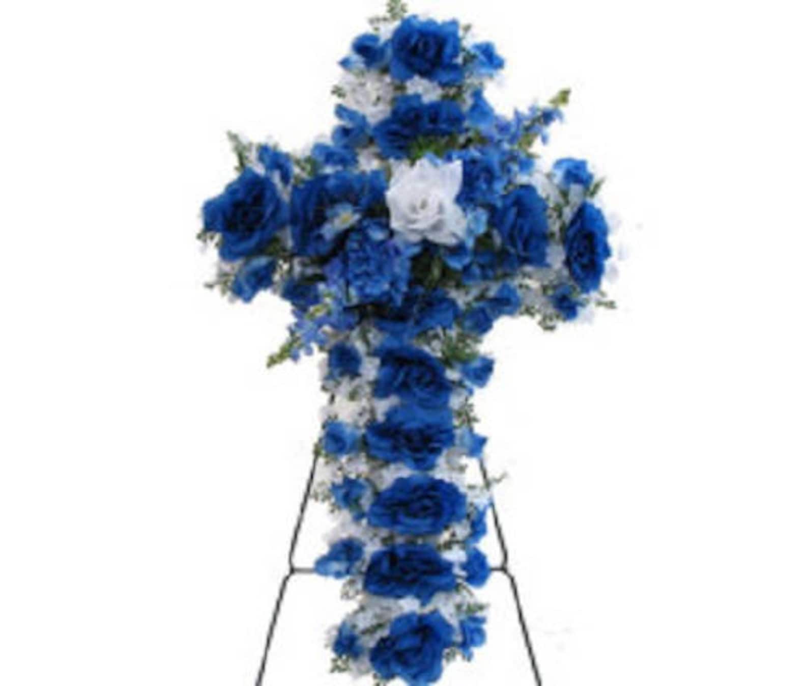 Silk Flower CROSS in BLUE Easel Mount for Gravesite Etsy