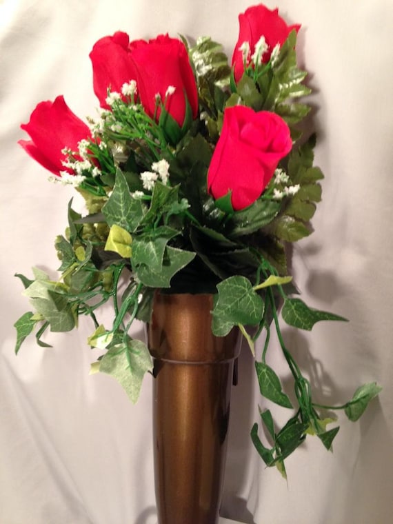 Crypt Mausoleum Vase & Red Rose Silk Flowers w/ Ring Bolt Support for Inverted "V"