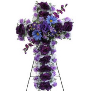 Artificial FLOWER CROSS in Purple Easel Mount for Grave-site Presentation in Remembrance of Loved Ones -