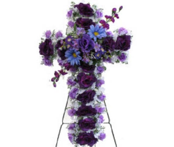 Artificial FLOWER CROSS in Purple Easel Mount for Grave-site Presentation in Remembrance of Loved Ones -