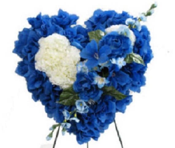 FLORAL HEART in Deluxe Blue for grave-site presentation in remembrance of loved ones. Easel Mounted