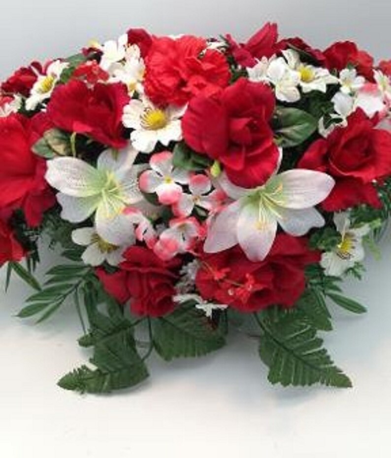 SILK FLOWER SADDLE for Headstone Mount in Deluxe Red and White Etsy