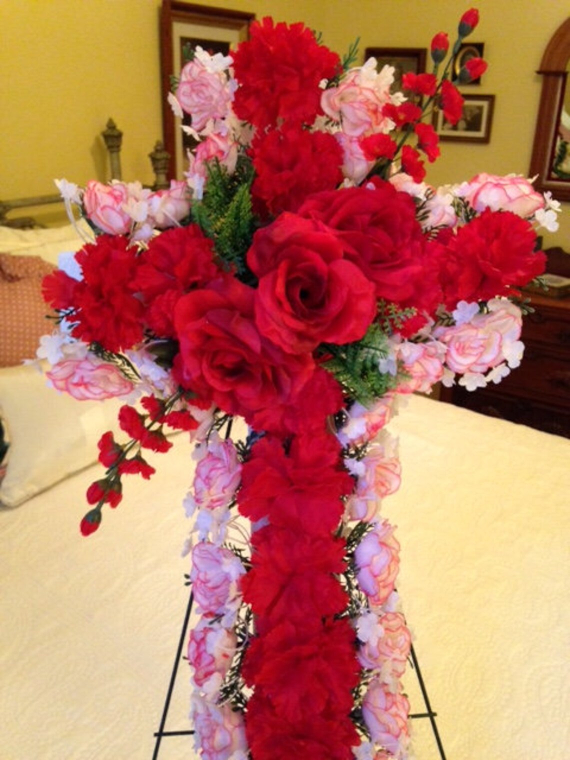 SILK FLOWER CROSS in Red Deluxe Easel Mount for Gravesite Presentation