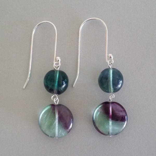 Fluorite Dangle Earrings, Sterling Silver Hooks, Purplish Green Fluorite Beads, Gemstone of Focus and Clarity, Fluorite Jewellery Gift