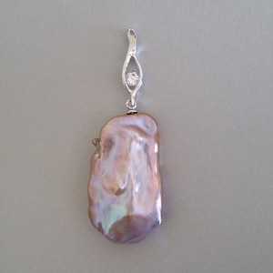 Unique Baroque Pearl Pendant, Sterling Silver Diamante Bail, 30mm X 18mm Holeless Purplish Bronze Baroque Pearl Bead, Pearl Jewellery Gift