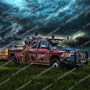 May include: A red pickup truck with a black metal bumper and a black metal roof rack. The truck is parked in a field of green grass under a stormy sky.