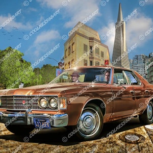 May include: A brown vintage car with a red light on top drives down a city street. The car has a California license plate that reads "413 H2V". The Transamerica Pyramid is visible in the background.
