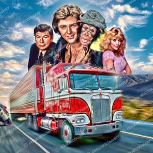May include: A digital art print featuring a red and white semi-truck with a group of people and a chimpanzee. The image has a blurred background of a road and mountains, with a car flipped over on the side of the road. The sky is blue with clouds.