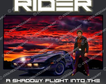 Puede incluir: Un diseño gráfico negro y rojo con el texto "Knight Rider" en blanco. La imagen presenta un coche negro con una puesta de sol roja y naranja en el fondo. El texto "A shadowy flight into the dangerous world of a man who does not exist" también está incluido.