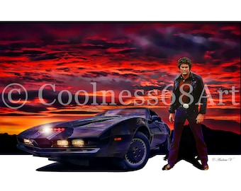 Puede incluir: Un coche deportivo negro con una luz roja en la parte delantera, un hombre con una chaqueta de cuero negra y pantalones vaqueros azules de pie junto a él, sobre un fondo de puesta de sol roja y ardiente.