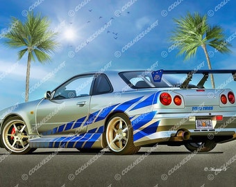 Fast Furious Brian's Nissan GTR R34 Original Art Print