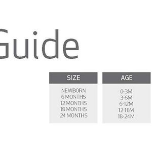 May include: Infant size guide chart with columns for size, age, height in inches, and weight in pounds. The chart lists sizes from newborn to 24 months, with corresponding age ranges, height ranges from 18 to 34 inches, and weight ranges from 5 to 27 pounds.