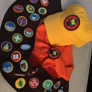 May include: A brown sash with a variety of colorful patches, including a first aid cross, a book, a leaf, and a globe. The sash is worn with a yellow baseball cap with a brown patch that says "W" and a tree.