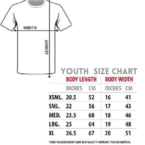 May include: Youth size chart for t-shirts with measurements in inches and centimeters. The chart shows body length and body width for sizes XSML, SML, MED, LRG, and XL.