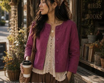 May include: A magenta quilted jacket with a round neckline and four matching fabric-covered buttons down the front. The jacket features long sleeves and a textured diamond-stitched pattern, worn over a cream-colored lace top and brown skirt.