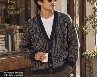 VTG 90s Aspetuck Trading Co Męski kardigan w geometrycznym stylu Grandpa Brown Navy Blue Med