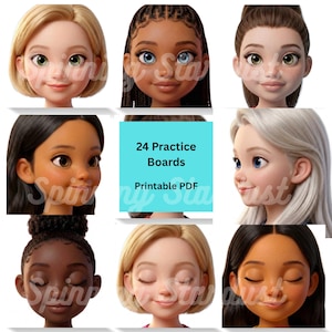 May include: A collection of 24 practice boards in a printable PDF format, featuring various stylized 3D character faces with diverse hair colors, textures, and skin tones, displayed in a grid layout with the text 24 Practice Boards Printable PDF.