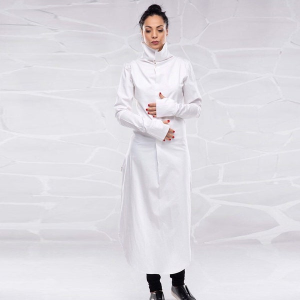 Tunique futuriste blanche, Tunique Jedi, Vêtements de science-fiction, Vêtements japonais, Tunique minimaliste, Tunique chemise avant-gardiste, Chemise col haut