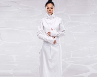 Túnica futurista blanca, túnica Jedi, ropa de ciencia ficción, ropa japonesa, túnica minimalista, túnica de camisa vanguardista, camisa de cuello alto