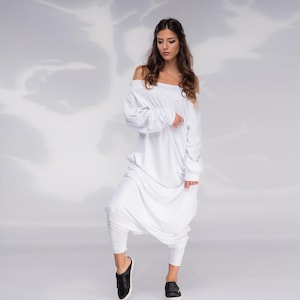 White Jumpsuit For Women, Harem Jumpsuit, Drop Crotch Jumpsuit, Futuristic Clothing, Oversize Jumpsuit, Loose Jumpsuit, Baggy Jumpsuit