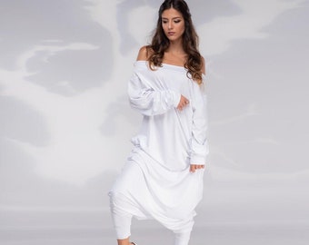 White Jumpsuit For Women, Harem Jumpsuit, Drop Crotch Jumpsuit, Futuristic Clothing, Oversize Jumpsuit, Loose Jumpsuit, Baggy Jumpsuit