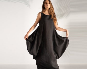 Black Linen Dress, Avant Garde Dress with Pockets, Loose Dress, Linen Clothing, Black Kaftan Dress, Womens Clothing, Maxi Dress, Plus Size