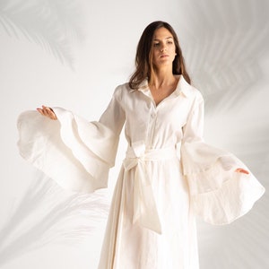 Vestido de lino, vestido de lino para mujer, Kaftan de lino blanco, ropa de lino hecha a mano, ropa de talla grande, vestido de marfil boho, vestido de novia extravagante imagen 3