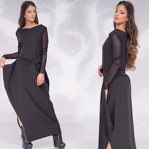 Black asymmetric maxi gothic dress with tulle long sleeves perfect cocktail long evening gown, great wedding guest dress