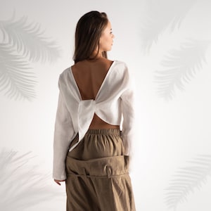 Cropped Blouse, Open Back Top, Linen Shirt, Backless Blouse, White Crop Top, Long Sleeve Blouse, Plus Size Clothing, Formal Top Women