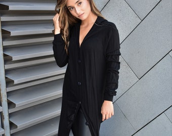 Women Long Loose Black Cardigan With Buttons, Plus Size Available