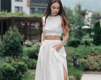 Two Piece Linen Clothing Set, Linen Skirt With Matching Crop Top, Linen Handmade, Wedding Guest Outfit, Womens Clothing,Linen Summer Clothes