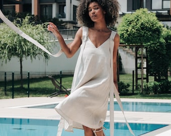 Zwembadfeest linnen jurk, dameskleding, jurk bruiloft gast, linnen zomerkleding, linnen kleding, moeder van de bruid jurk, vakantiekleding, vakantiekleding