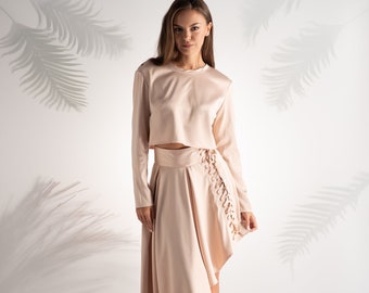 2 pieces Top And Skirt Set, Summer Style, Pink Wedding Guest Outfit, Womens Clothing, Cocktail Dress, Asymmetrical Skirt, Avant Garde