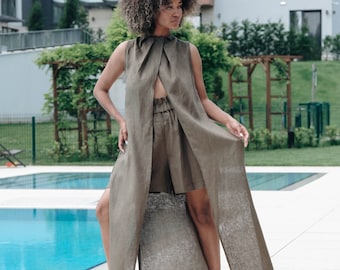 Avant Garde Linen Tunic Top, Long Linen Tank Top, Futuristic Clothing, Cyberpunk Linen Top, Linen Clothing, Womens Clothing, Hand Tailored