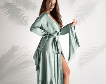 Mint Satin Dress, Womens Clothing, Wedding Guest Dress, Abaya Robe Dress, Satin Wrap Dress, Occasion Dress, Formal Dress, Hanging Sleeve