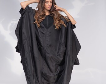 Schwarzer Cape-Mantel, langer Cyberpunk-Mantel, Maxi-Locker-Mantel, Plus Size Kleidung, langes schwarzes Cape, asymmetrische Gothic-Jacke, futuristische Jacke