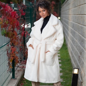 White Fuzzy Coat, Teddy Bear Coat, Womens Fluffy Coat, Womens Clothing, Faux Fur Coat with Belt, Winter Clothing, Warm Winter Coat,Plus Size